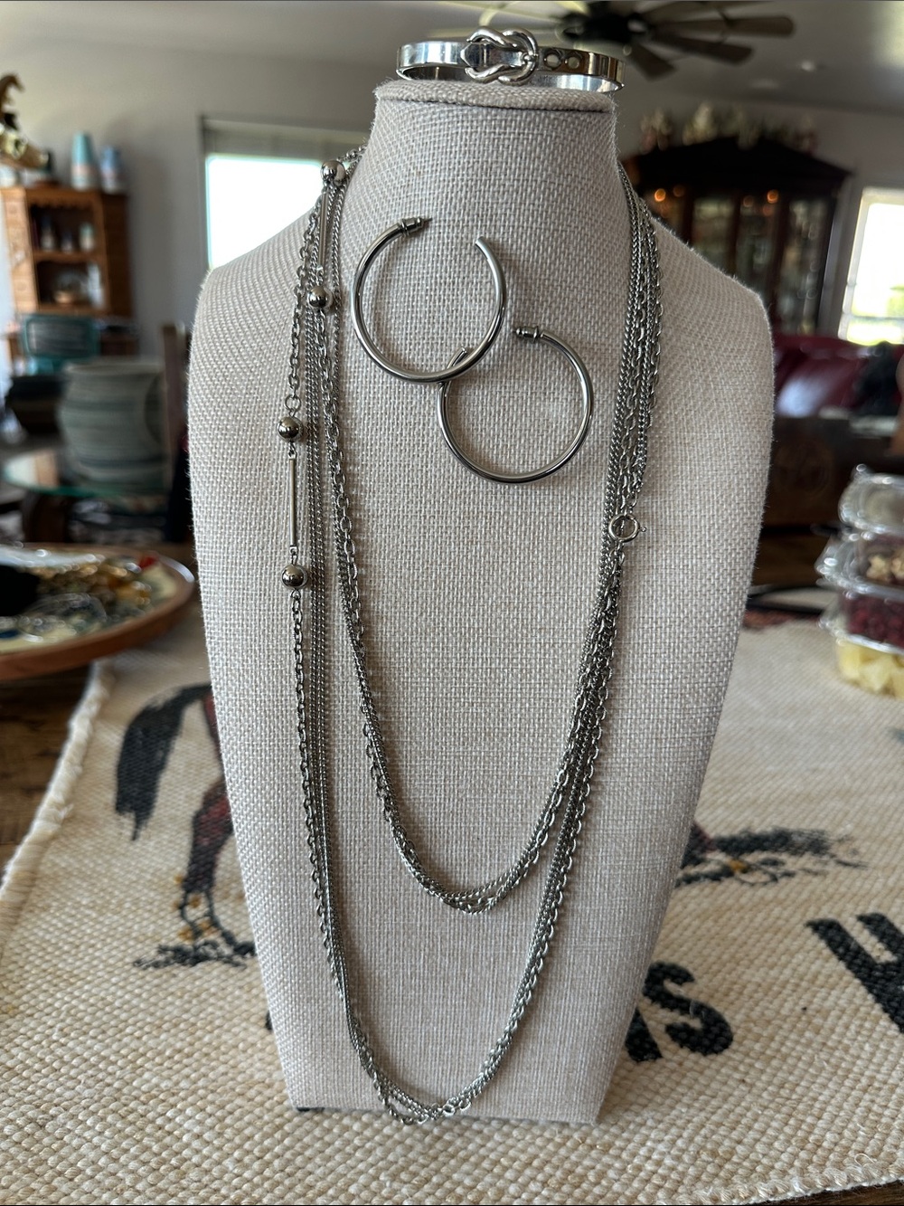 Sterling Silver-Tone Layered Necklace & Hoop Earring Set/ Clamp Bracelet